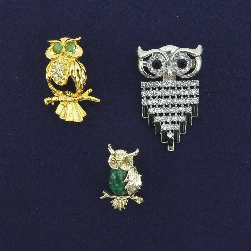 Vintage Owl‎ Brooch Lot Rhinestone Figural Novelty Animal 3pc